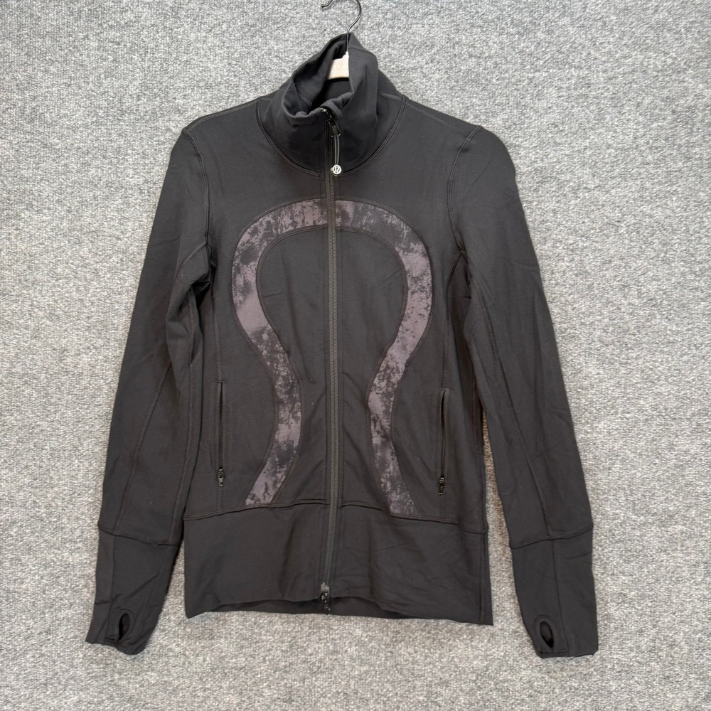 Lululemon Define Jacket Women 4 Black Gray Marble‎ Logo Full Zip Yoga Athletic